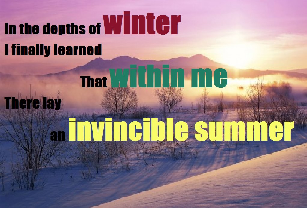 Fuelism #600: Fuelisms : In the depths of winter, I finally learned that within me there lay an invincible summer.: Fuelisms : In the depths of winter, I finally learned that within me there lay an invincible summer.