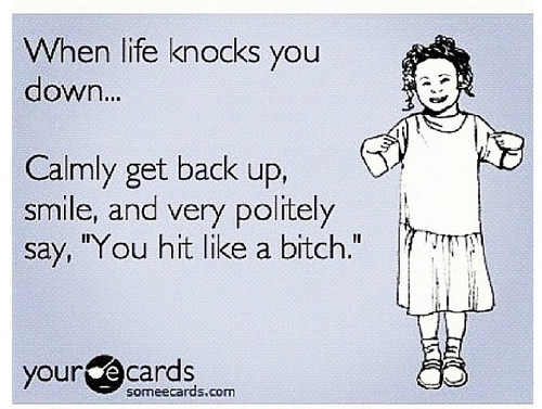 Fuelism #980: When life knocks you down. Calmly get back up, smile, and very politely say, \'You hit like a bitch.\': When life knocks you down. Calmly get back up, smile, and very politely say, 'You hit like a bitch.'