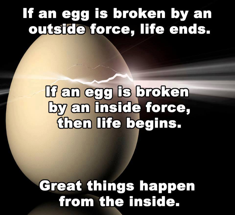 Fuelism #1120: If an egg is broken by an outside force, life ends. If an egg is broken by an inside force, then life begins. Great things happen from the inside.: If an egg is broken by an outside force, life ends. If an egg is broken by an inside force, then life begins. Great things happen from the inside.